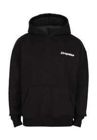 Zwarte hoodie met een voorzak en een wit "Dropsize" logo op de linkerkant van de borst.