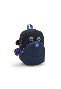 Zaino nero e blu con forma arrotondata, dotato di grandi occhi in plastica e un portachiavi a forma di scimmia morbido. Realizzato in tessuto con una finitura testurizzata.