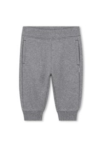 Szare spodnie dresowe dla małych dzieci z elastycznym pasem, ściągaczami na dole oraz kieszeniami bocznymi, ułożone na płasko na białym tle.