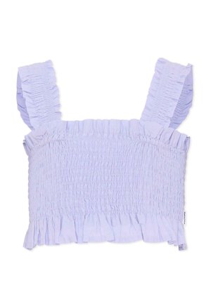 Top corto color lavanda con spalline larghe arricciate, corpino plissettato e orlo arricciato, realizzato in tessuto leggero.