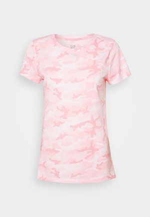 Kortærmet T-shirt til kvinder med lyserødt og hvidt camouflage mønster og rund halsudskæring.