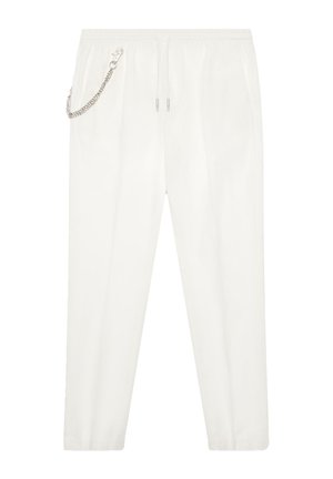 Pantaloni bianchi a gamba affusolata realizzati in tessuto leggero, dotati di una vita elasticizzata, cordoncino e un accento in catena argentata sul lato.