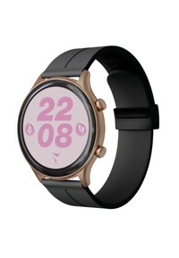 Orologio intelligente rotondo con cassa color oro rosa, cinturino in silicone nero e display digitale rosa chiaro che mostra l'ora e le icone per il monitoraggio delle attività.