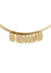 Collar en tono dorado que presenta una banda curva y suave con ocho colgantes ovalados texturizados que cuelgan por debajo. Diseño minimalista y ligero.