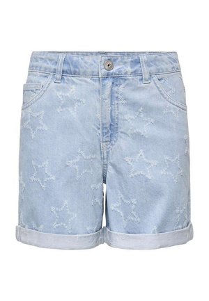Short en denim bleu clair avec ourlets retroussés et motifs d'étoiles embossés, avec fermeture à boutons sur le devant et poches latérales.