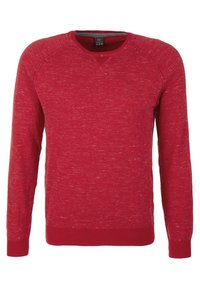 Maglione rosso a girocollo con maniche lunghe, realizzato in tessuto textured, presenta un taglio raglan e orli e polsini a coste. Nessun motivo o grafica.