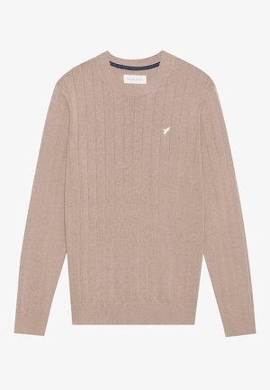 Beige geripptes Sweatshirt mit langen Ärmeln, Rundhalsausschnitt und einem kleinen weißen Logo auf der Brust. Mit gerippten Bündchen und Saum.
