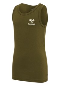 Olijfgroene tanktop van zacht katoen met een ronde hals, mouwloos ontwerp en wit Hummel-logo aan de voorkant.