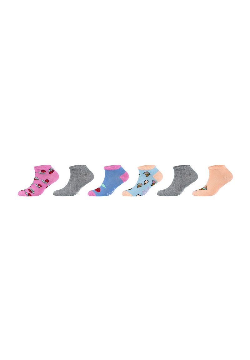 Set di cinque paia di calzini alla caviglia: rosa con ciliegie, grigio, blu con gelato, grigio e pesca con accenti a fantasia. Misto cotone.
