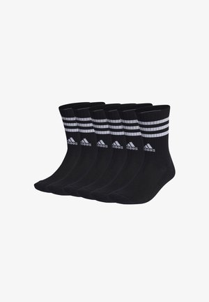 Schwarze Sportsocken in einer Packung mit sechs Paaren. Merkmale sind ein gerippter Abschluss und drei weiße Streifen nahe dem Bund. Das Material scheint glatt und elastisch zu sein.