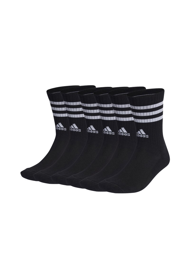 Schwarze Sportsocken in einer Packung mit sechs Paaren. Merkmale sind ein gerippter Abschluss und drei weiße Streifen nahe dem Bund. Das Material scheint glatt und elastisch zu sein.