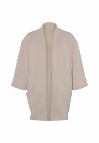 Světle růžový kimono styl svrchní oděv vyrobený z měkké tkaniny, s širokými rukávy a dvěma předními kapsami. Otevřený přední díl bez zapínání.