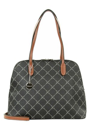 Sac à main noir avec motif losanges blancs, anses en cuir marron, fermeture éclair et petit charm argenté rond suspendu à une anses.