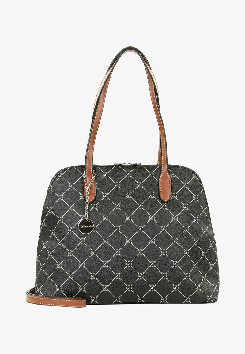 Sac à main noir avec motif losanges blancs, anses en cuir marron, fermeture éclair et petit charm argenté rond suspendu à une anses.