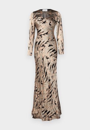 Langsleeve, aansluitende jurk van een zachte, satijngelijke stof met een beige en bruin abstract patroon en een uitlopende zoom. Ontworpen met een ronde halslijn.