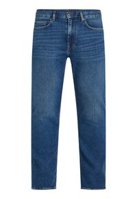 Jean en denim bleu avec cinq poches, fermeture par boutons et détails subtils délavés sur les cuisses et les genoux, présenté de face.