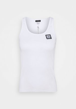 Biała bezrękawnikowa prążkowana koszulka na ramiączkach z okrągłym dekoltem i małą czarną naszywką z logo Diesel na górnej lewej stronie klatki piersiowej.