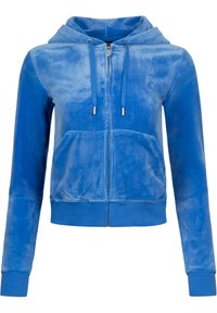Blue velour zip-up hoodie with a front pocket, drawstrings, ribbed cuffs, and a small logo on the chest. Soft texture and relaxed fit.