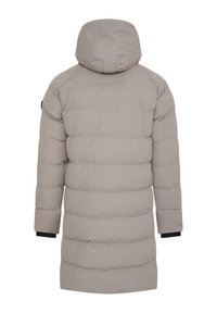 Gepolsterte Jacke in Hellgrau mit Kapuze, horizontaler Steppung, elastischen Bündchen und mittellanger Form. Glatter, strukturierter Stoff.