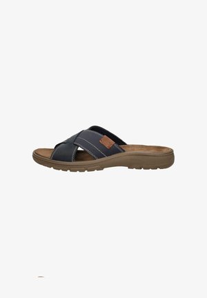 Men's brown slide sandal with crossed dark blue leather straps and stitched detailing on a textured rubber sole.