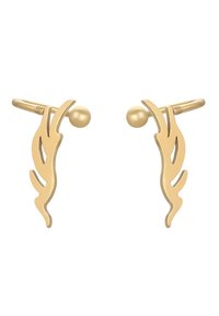 Guldmetalløreringe med et blad-inspireret design, der har buede linjer og en rund kugleaccent. Glat tekstur med en blank finish.