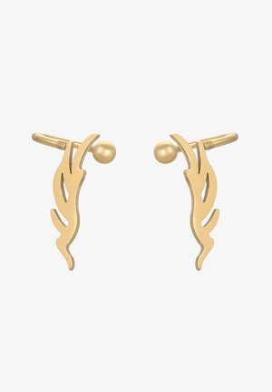 Orecchini in metallo dorato con design ispirato alle foglie, caratterizzati da linee curve e un accento a forma di sfera. Superficie liscia con una finitura lucida.