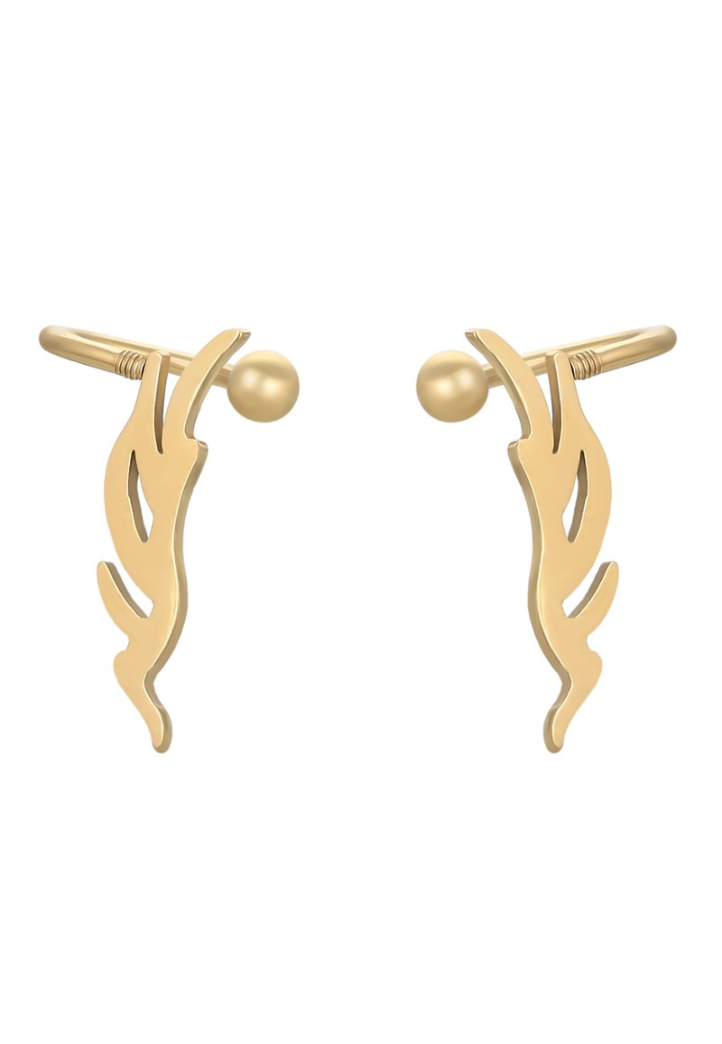 Guldmetalløreringe med et blad-inspireret design, der har buede linjer og en rund kugleaccent. Glat tekstur med en blank finish.