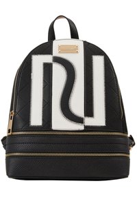 Black quilted leather backpack featuring white pattern accents, gold hardware, and double zippers along the base. Textured materials used.