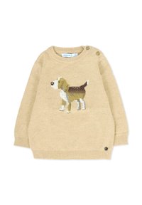 Jasno-beżowy sweter z dzianiny z motywem beagle'a z przodu. Zawiera dwa dekoracyjne guziki na lewym ramieniu.