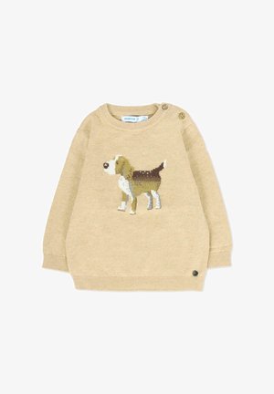 Jasno-beżowy sweter z dzianiny z motywem beagle'a z przodu. Zawiera dwa dekoracyjne guziki na lewym ramieniu.