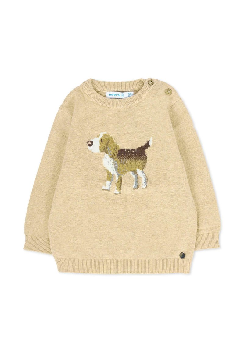 Jasno-beżowy sweter z dzianiny z motywem beagle'a z przodu. Zawiera dwa dekoracyjne guziki na lewym ramieniu.