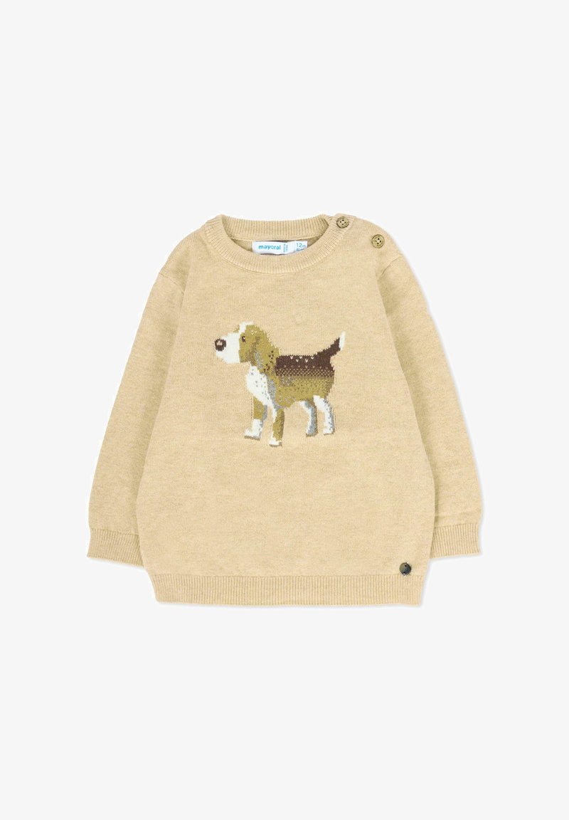 Jasno-beżowy sweter z dzianiny z motywem beagle'a z przodu. Zawiera dwa dekoracyjne guziki na lewym ramieniu.