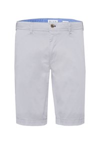 Pantaloni corti grigi chiari in cotone. Vestibilità sartoriale, con chiusura a bottone e passanti per la cintura. Presentano una superficie liscia e un taglio al ginocchio.