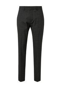 Pantalons à carreaux gris avec une coupe ajustée, dotés d'une texture tissée, d'un pli marqué et d'une conception à devant plat. Taillés avec une fermeture éclair.
