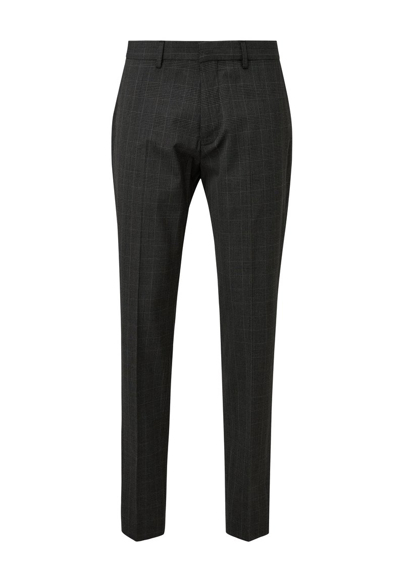Grijze geruite broek met een slim fit, voorzien van een geweven textuur, scherpe vouw en een vlakke voorkant. Gepersonaliseerd met een rits.