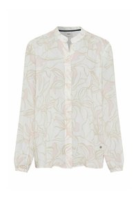 Camicia bianca a maniche lunghe con un morbido motivo floreale rosa, colletto alla cinese, chiusura a bottoni e polsini elasticizzati. Tessuto leggero e morbido.