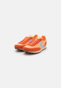 Orange suede and mesh running shoes with a light orange toe box, blue accents, and brown rubber soles. Flat laces and a cushioned collar.