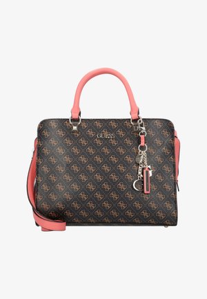 Černá syntetická kabelka se vzorem loga, s korálovými akcenty, dvojitými horními uchy, odnímatelným ramenním popruhem a stříbrnými detaily.