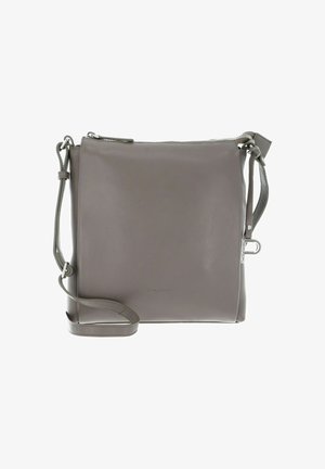 Sac en cuir gris porté croisé avec une finition lisse, fermeture éclair, bandoulière ajustable et logo de marque discret à l'avant.