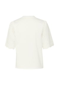 T-shirt bianco con maniche corte a sbuffo e dettagli in pizzo intagliato intricati. Tessuto morbido, scollatura rotonda e vestibilità rilassata.