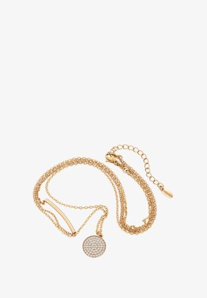 Collier en or avec un pendentif rond présentant un cluster de petites pierres étincelantes. Design délicat à double chaîne avec un fermoir.