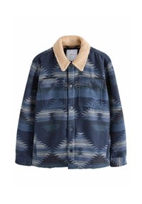 Wool shirt jacket in navy with a tan fluffy collar. Features geometric patterns in lighter shades. Two front pockets and button closure.