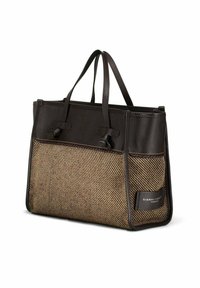 Borsa tote marrone e nera con dettagli in pelle, caratterizzata da un motivo intrecciato e doppi manici superiori per un facile trasporto.
