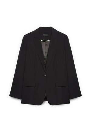 Schwarzer Blazer mit einem Knopf, Revers mit Kerbe, Pattentaschen und glattem Innenfutter, vor weißem Hintergrund dargestellt.