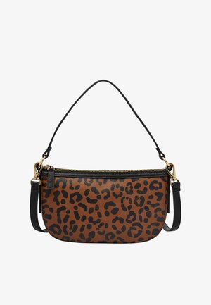 Leopard print clutch bag in brown and black, made of textured faux leather, featuring gold hardware and a removable black strap.