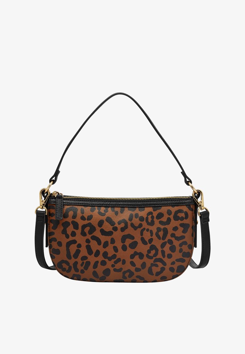 Pochette imprimé léopard en marron et noir, fabriquée en simili cuir texturé, avec des accessoires en or et une sangle noire amovible.