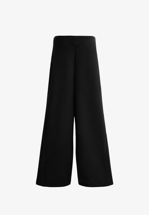 Črne hlače širokih nog z mehkim materialom. Imajo visok pas in gladko teksturo s čistimi linijami, ki zagotavljajo ohlapen, sproščen kroj.