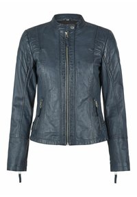 Dunkelblaue Kunstlederjacke mit Stehkragen, Front-Reißverschluss und seitlichen Reißverschlusstaschen. Strukturiert, taillierte Passform mit Nahtdetails.