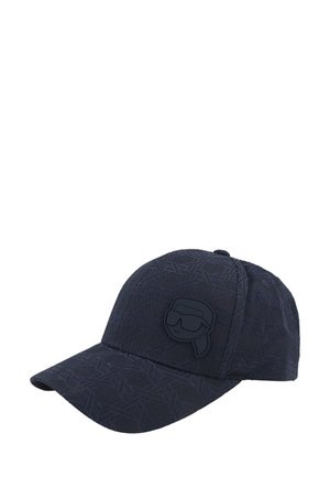 Cappellino da baseball blu scuro con motivo astratto sobrio e una toppa nera con il logo di una persona che indossa occhiali da sole e un foulard sulla pannello frontale.