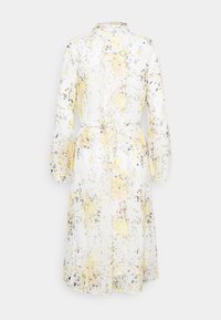 Šaty s květinovým potiskem z lehké tkaniny, s bílým základem a žlutými a šedými akcenty, dlouhými rukávy a detailem v pase na zavázání.